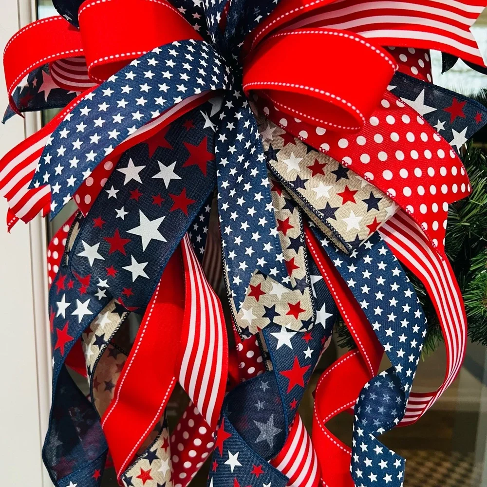 XL Patriotic Red, Navy & White Ribbon Bow Wreath Accent Handmade